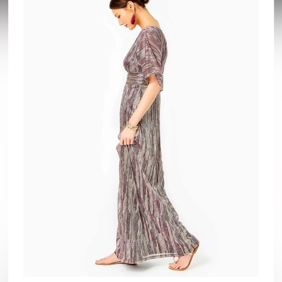 NWT Lily Pulitzer Parigi elbow sleeve maxi in gold berry crinkle - Picture 3 of 10